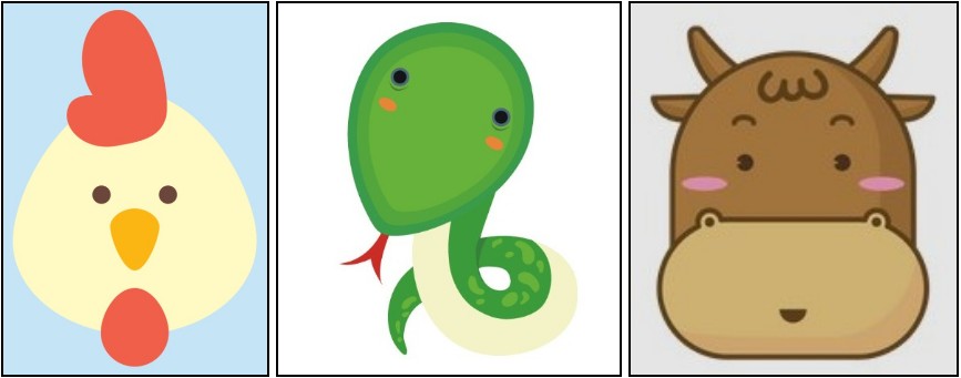삼재띠에 해당하는 소, 닭, 뱀 그림
