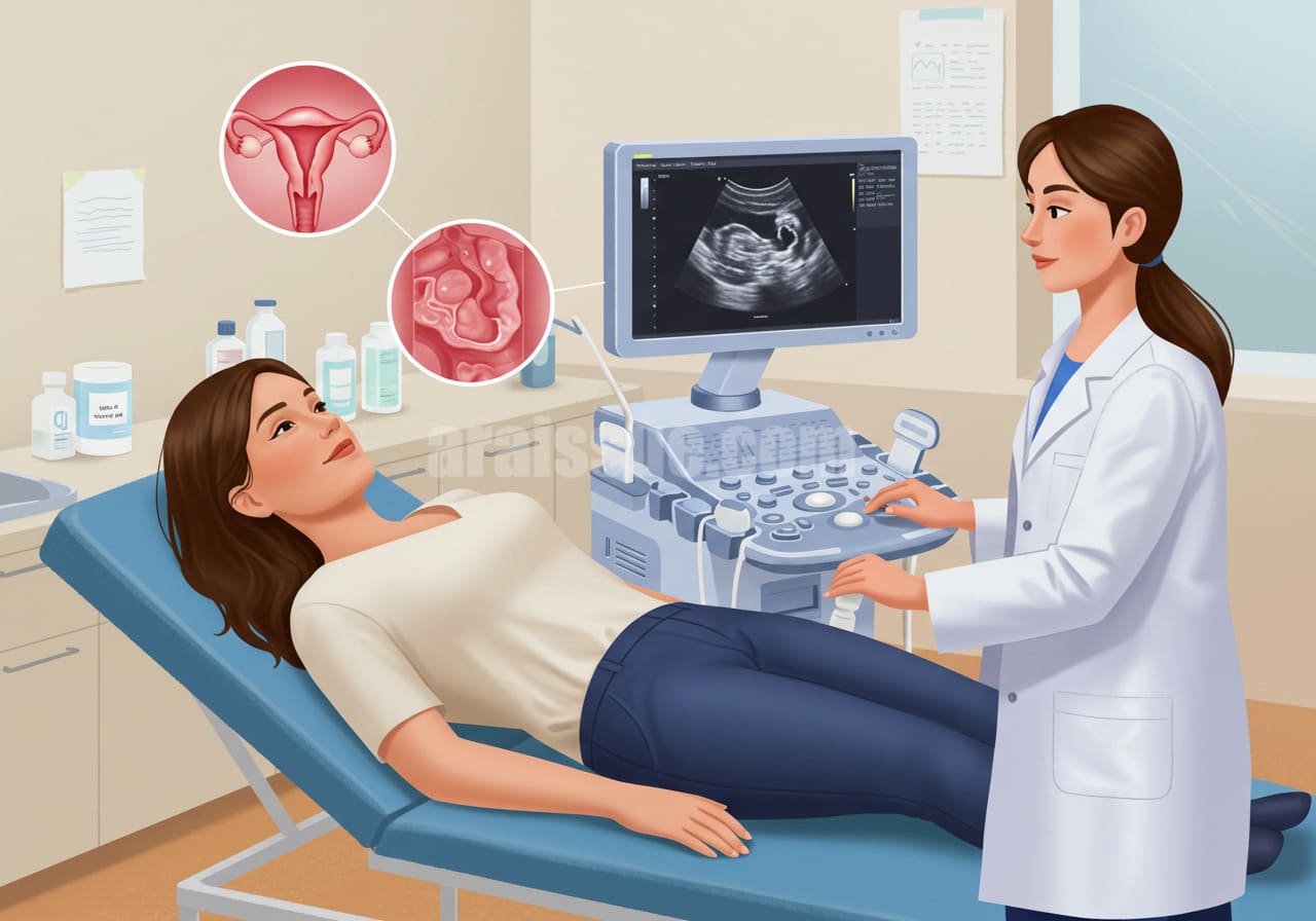 자궁근종을 확인하기 위한 초음파 검사 장면