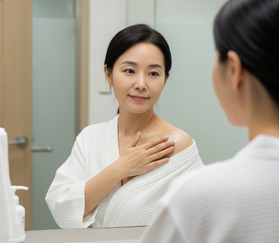 유방암 방사선치료 후 여성 환자가 목과 어깨에 보습제를 바르는 장면