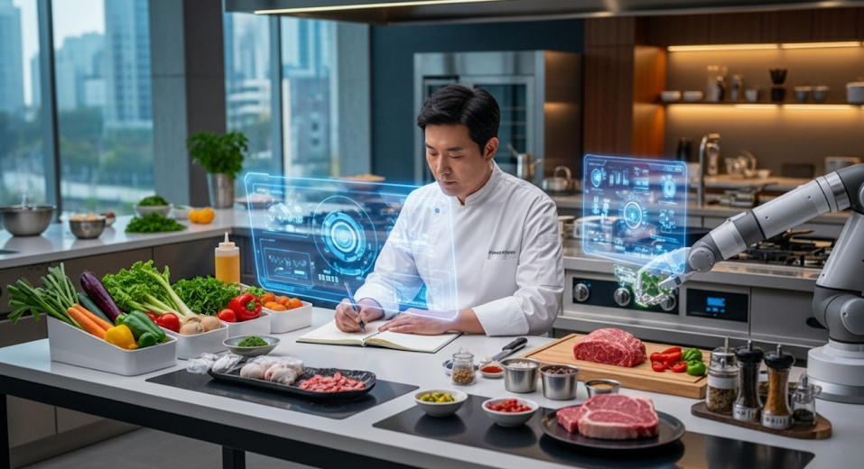 최고급 주방에서, 푸른빛 AI 스크린이 떠 있는 테이블 앞에서, 깨끗한 흰색 셰프 복장을 한 40대 한국인 남성 전문가가 진지한 표정으로 레시피 노트(프롬프트)를 작성하는 모습. 주변에는 첨단 AI 도구(로봇 팔 등)와 신선한 식자재가 조화롭게 배치되어 있다.