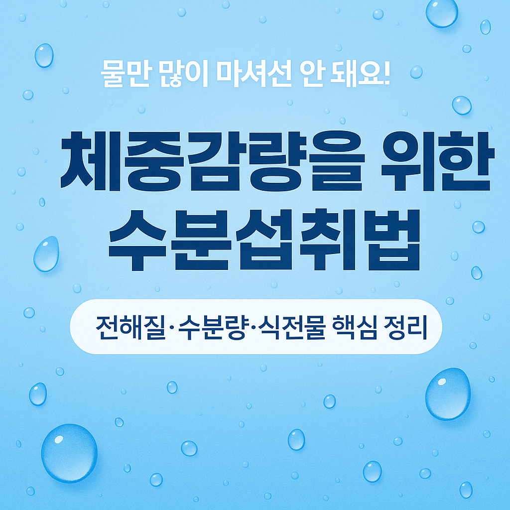 “하늘색 물방울 배경 위에 ‘물만 많이 마셔선 안 돼요! 체중감량을 위한 수분섭취법’이라는 문구와 함께, 전해질·수분량·식전물 핵심 정리를 안내하는 다이어트 수분 섭취법 인포그래픽 이미지”