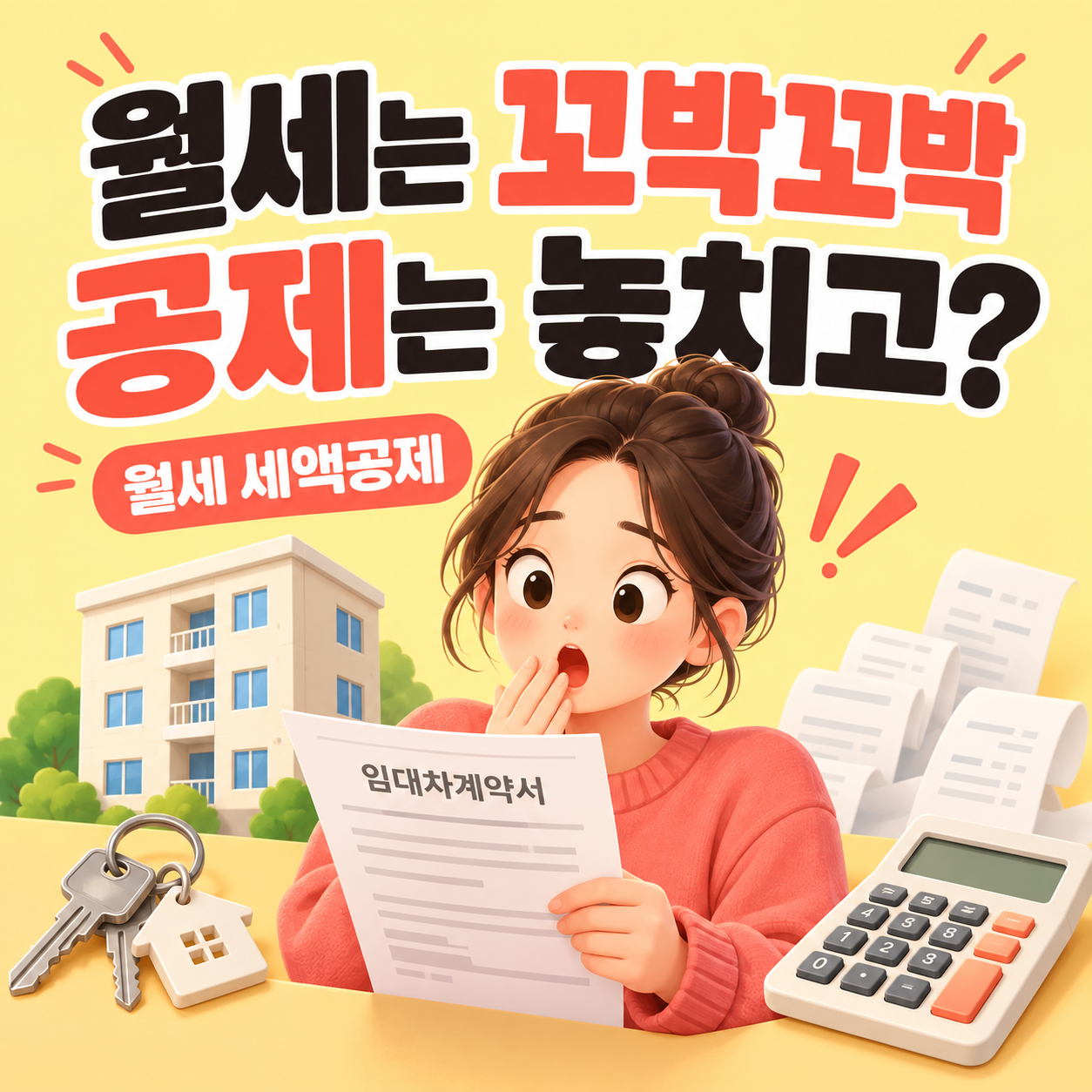 월세 세액공제 준비서류와 임대차계약서 및 계산기를 표현한 일러스트