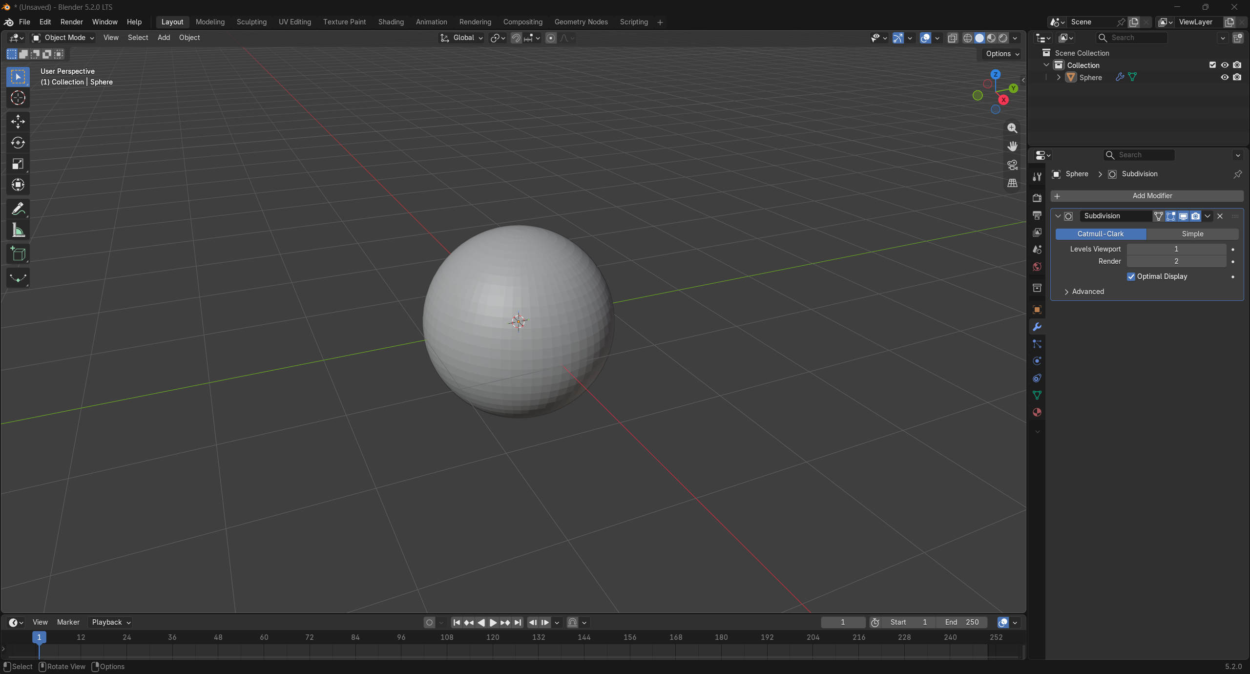 Subdivision Surface를 추가한 직후, 구가 매끈해지고 Levels Viewport 1 / Render 2가 기본값으로 잡힌 모습