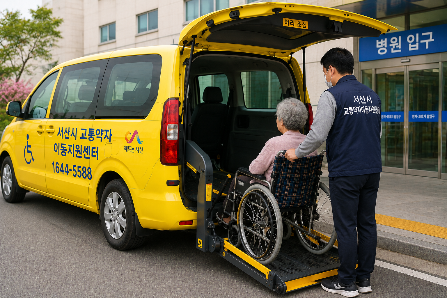 서산시 교통약자 이동지원센터 차량이 병원 앞에서 휠체어를 이용하는 어르신의 안전한 승하차를 지원하는 모습