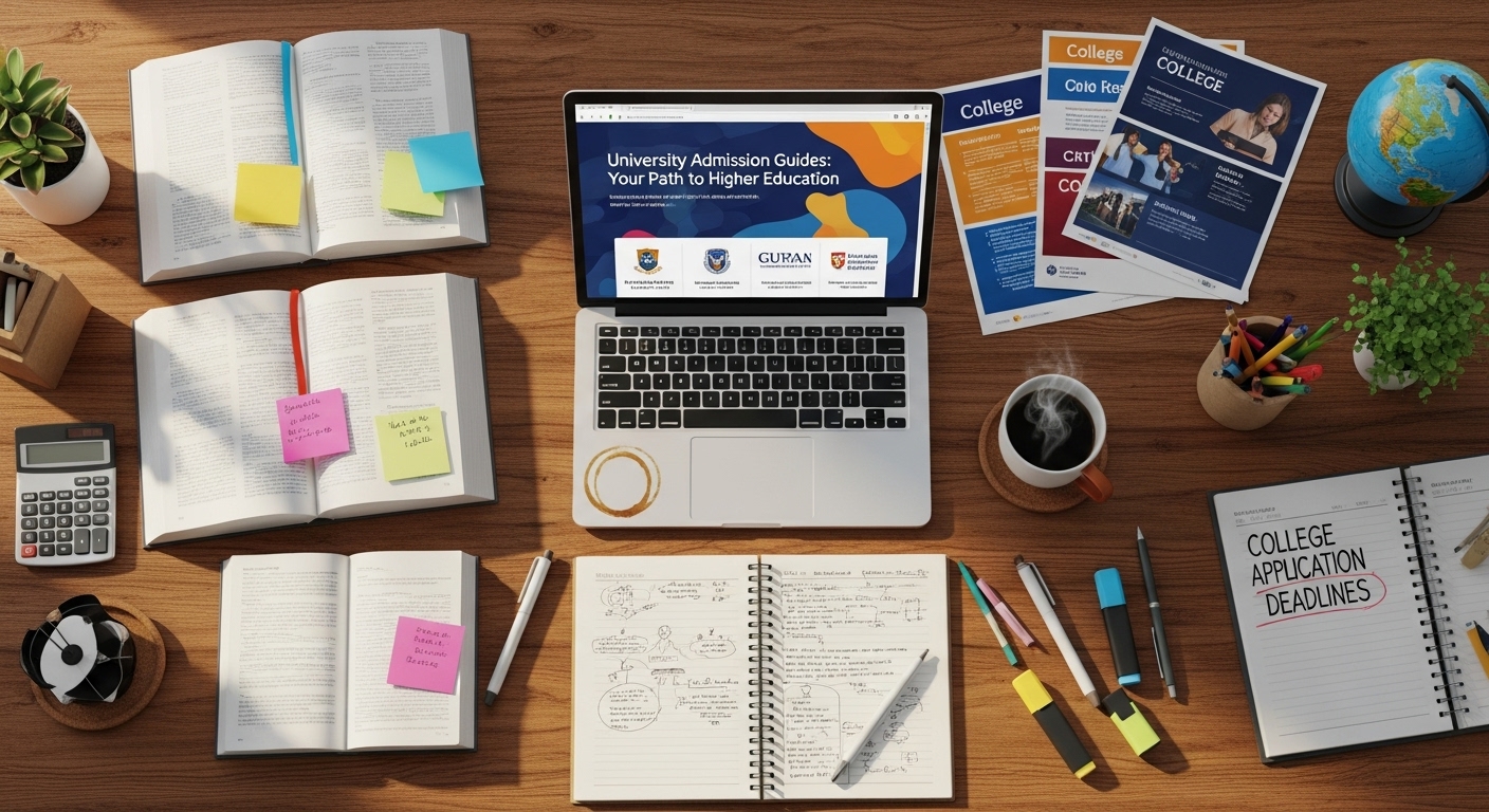 수능 시험 후 대학교 입시 자료와 전형 요강을 살펴보며 정시 지원 전략을 세우는 학생의 책상.