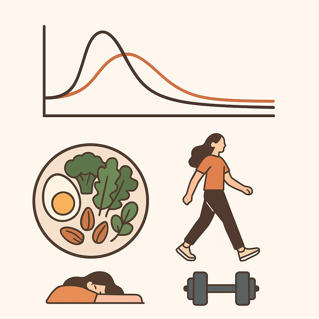 혈당 그래프,걷는 여자모습, 샐러드식단