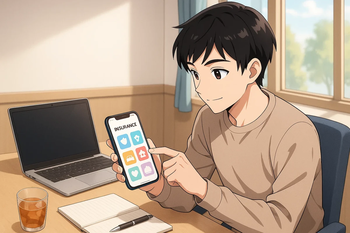 20대 사회초년생이 보험 상담을 받는 모습, 스마트폰으로 보험 앱을 확인하는 장면