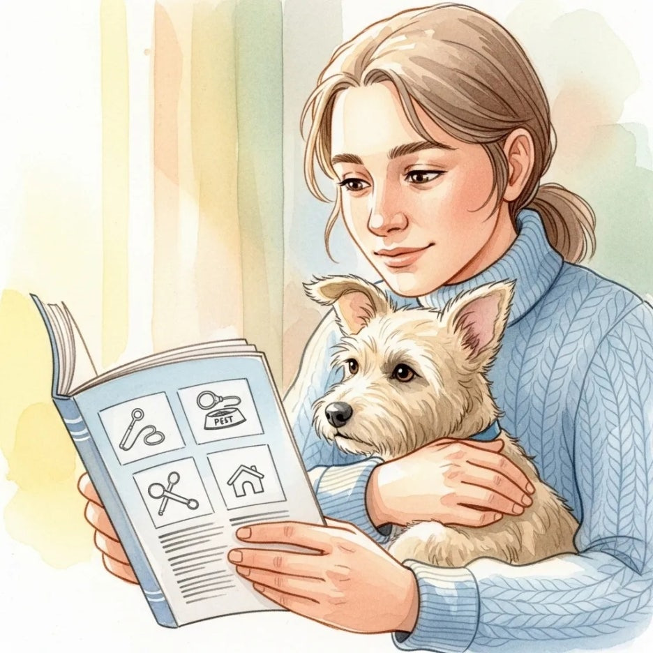 강아지를 안고 반려동물 정보를 신중하게 살펴보는 모습