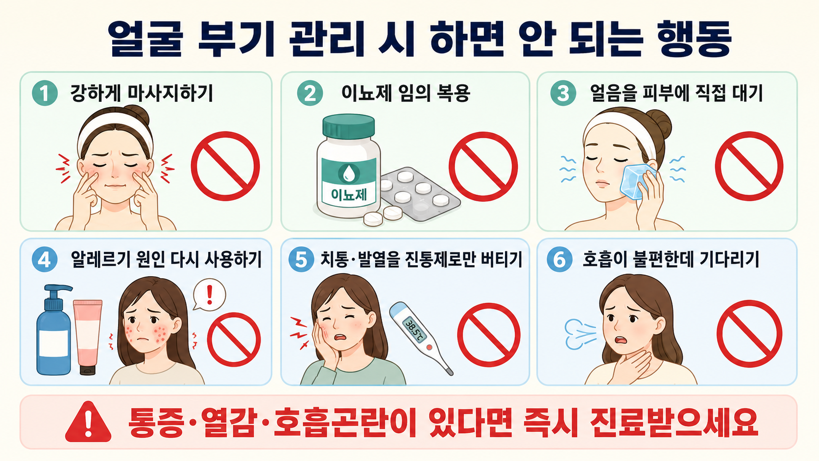 얼굴 부기 관리 시 하면 안 되는 행동 비교 이미지