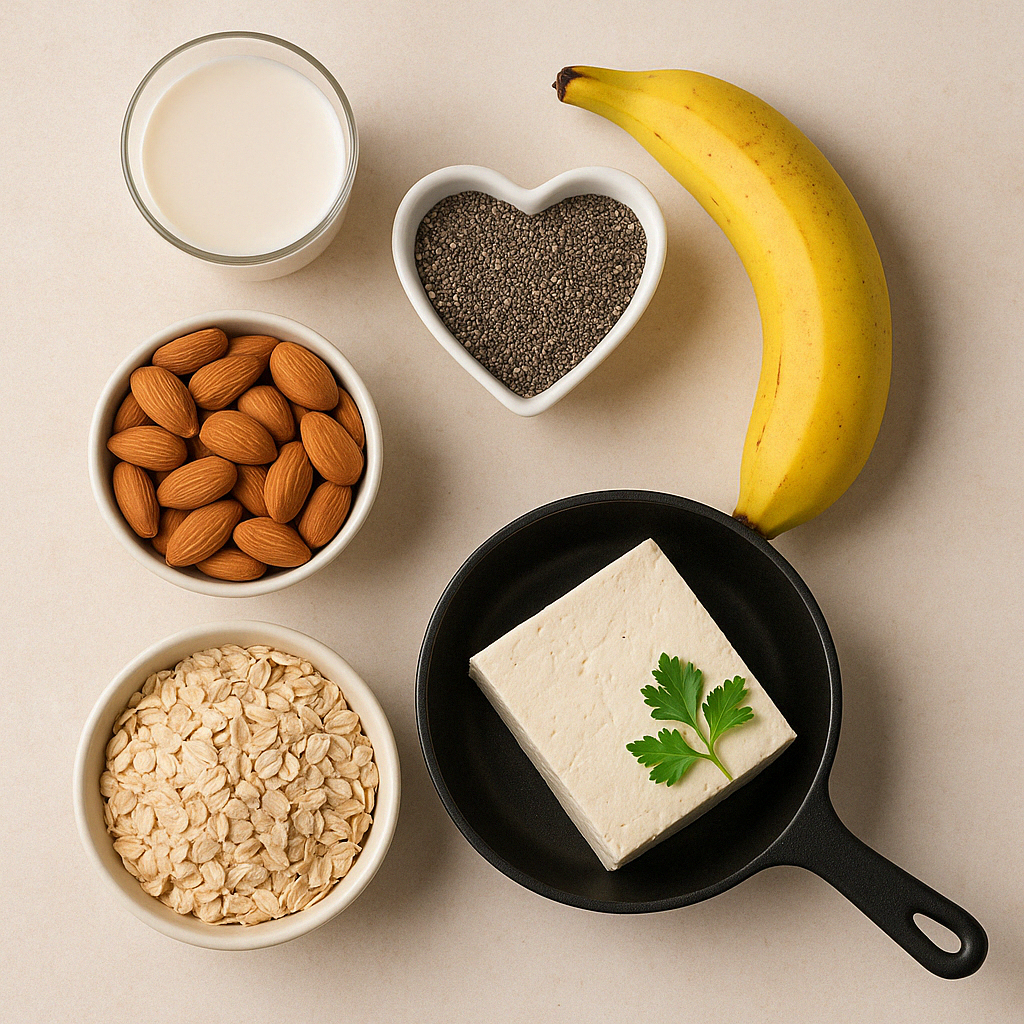 귀리, 아몬드, 치아시드, 두부, 바나나, 두유 등이 각각 흰색 접시나 팬에 정갈하게 담겨 베이지색 배경 위에 놓여 있는 고해상도 이미지. 자연스러운 조명 아래 균형 잡힌 웰빙 식품의 영양적 가치를 시각적으로 표현함.