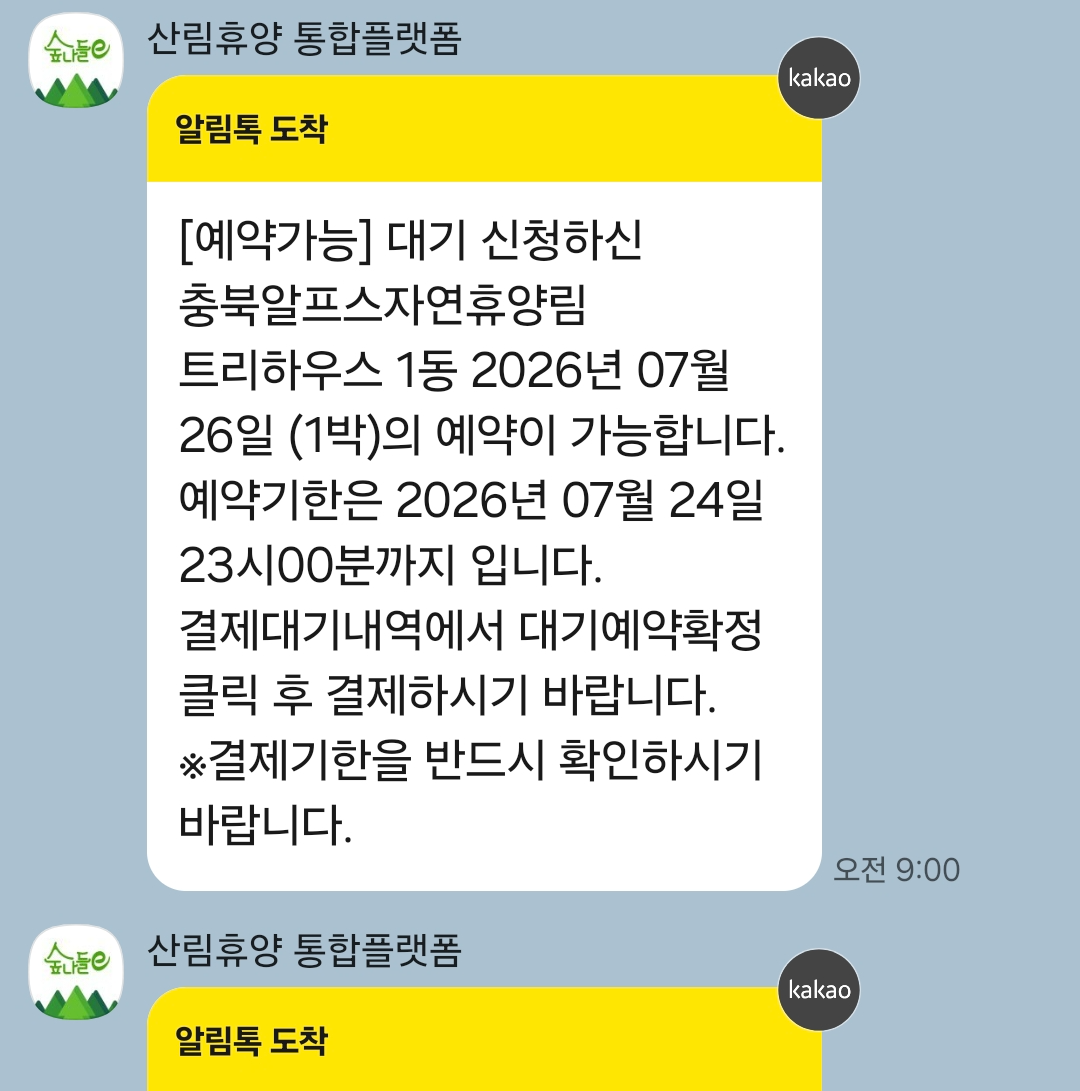 예약가능한 내용의 카카오톡 안내