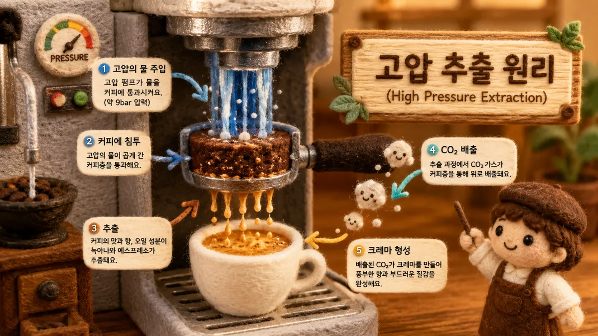 펠트 양모로 미니어처 화되어 고압 펌프가 갈색 커피 디스크를 통해 뜨거운 물을 밀어넣어 미세 거품이 표면에 형성되는 에스프레소 추출 과정의 교육용 디오라마