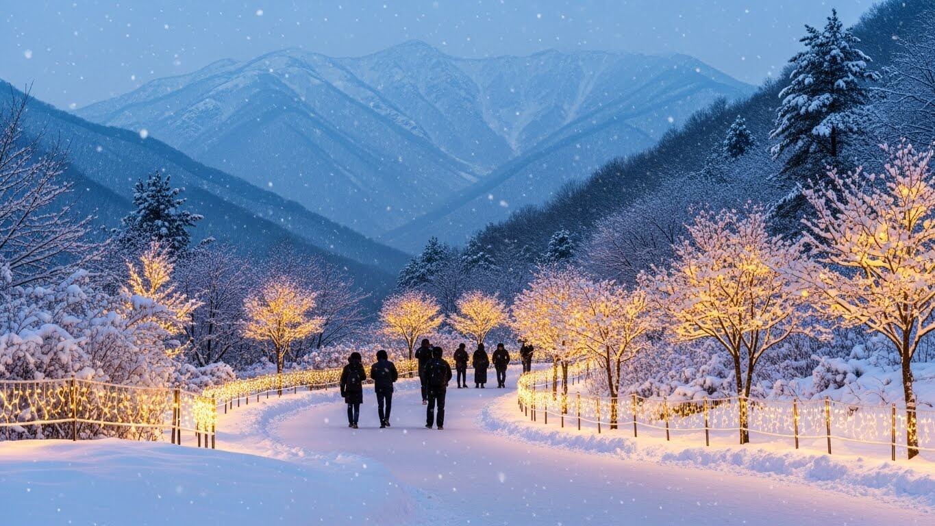 눈이 내린 겨울 산자락과 조명이 켜진 산책로를 따라 사람들이 천천히 걷는 크리스마스 시즌 풍경