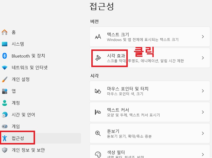 접근성 페이지에 시각 효과 메뉴 보임