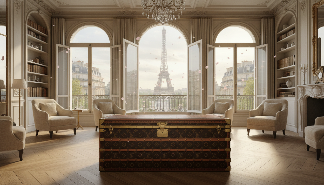 파리 에펠탑이 보이는 창가에 놓인 앤틱한 루이비통 트렁크와 흩날리는 벚꽃잎