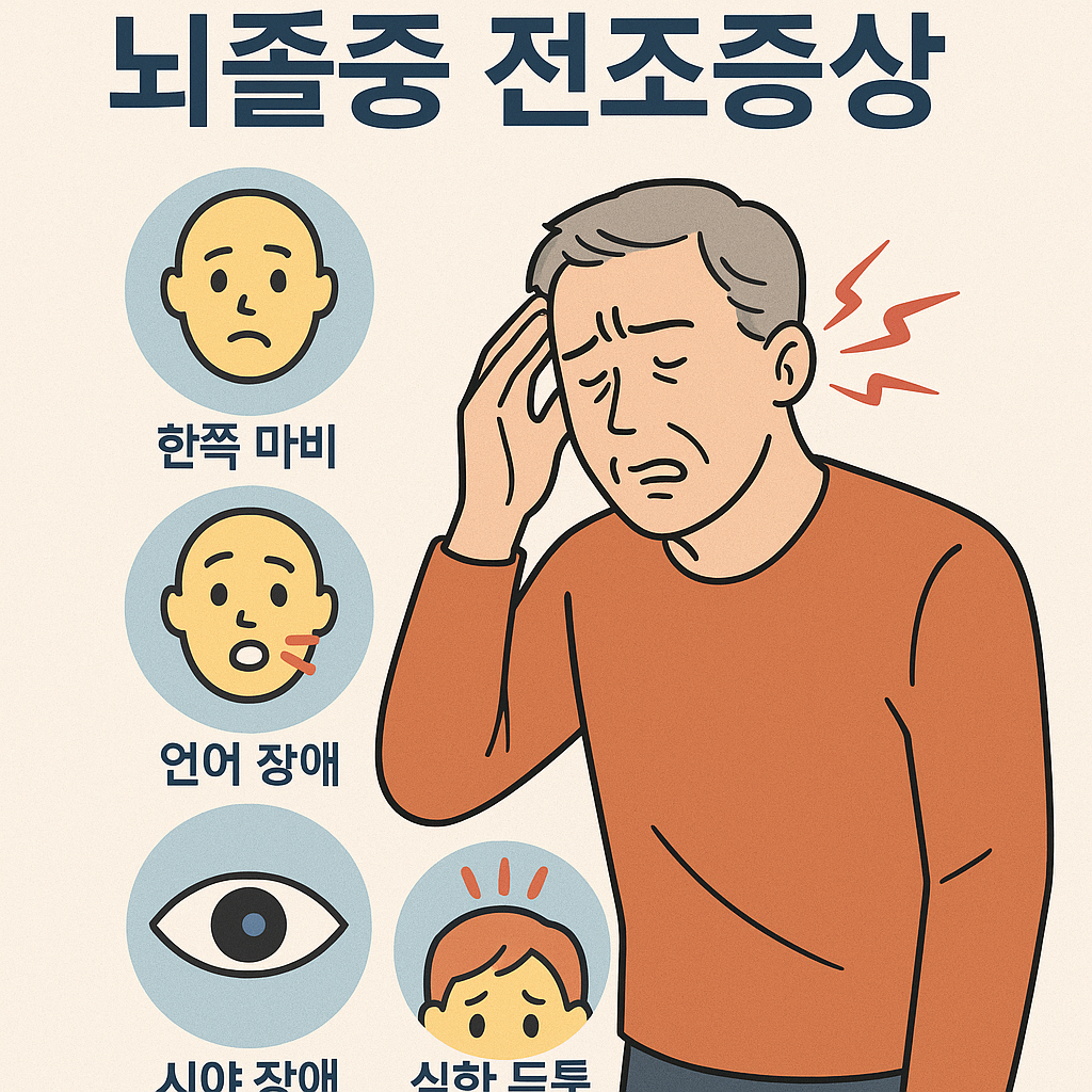 뇌졸중의 주요 전조증상인 한쪽 마비, 언어 장애, 시야 이상, 심한 두통을 시각적으로 표현한 교육용 이미지