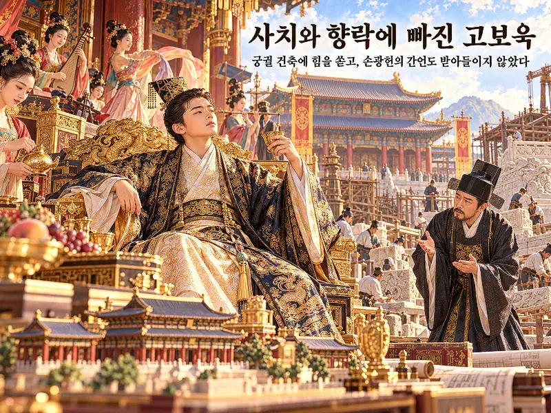 Historical illustration of Go Bo-uk as a ruler indulging in luxury and pleasure, focusing on palace construction while ignoring the remonstrance of official Son Gwang-heon