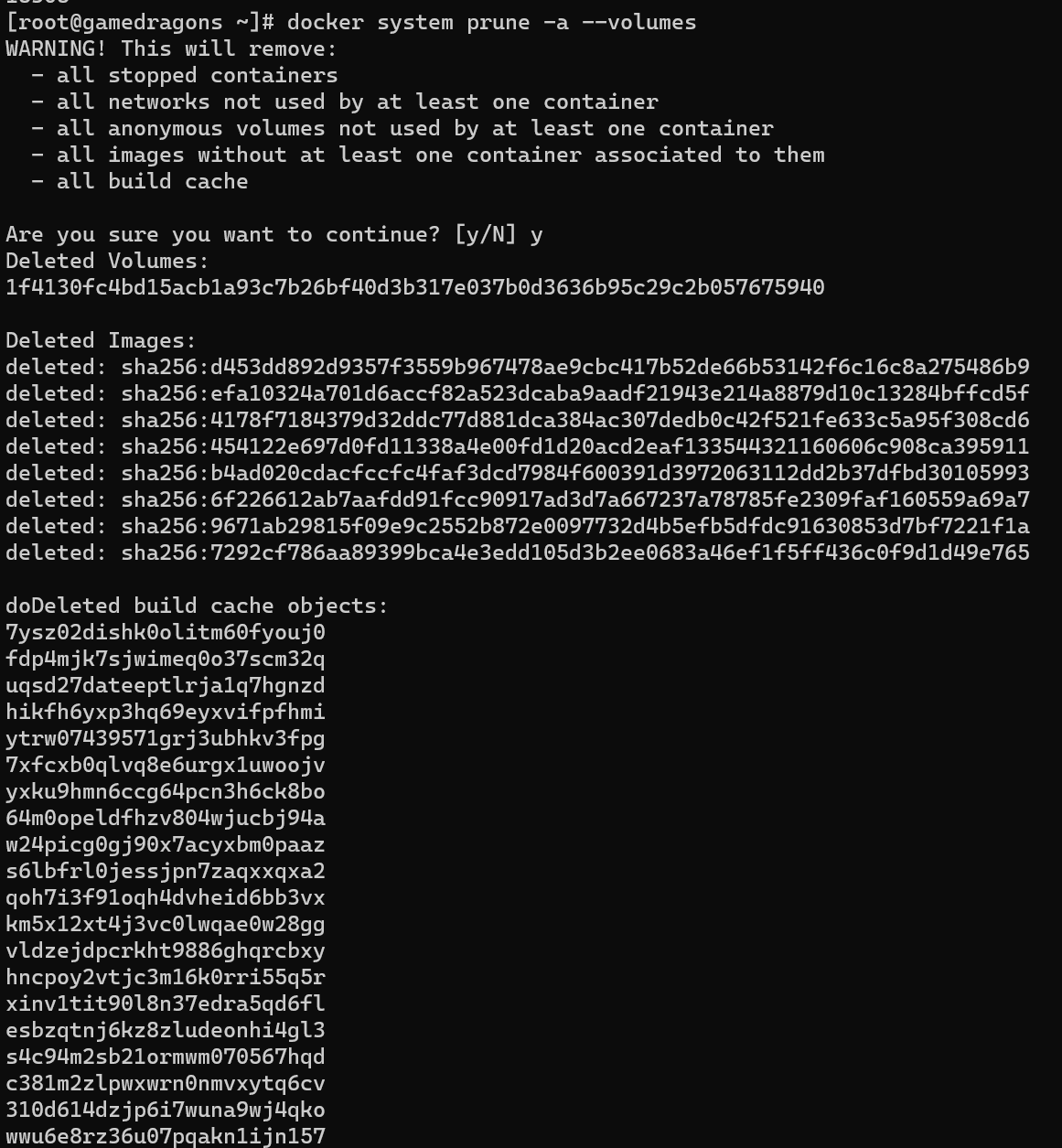 docker system prune 실행 시 실행결과