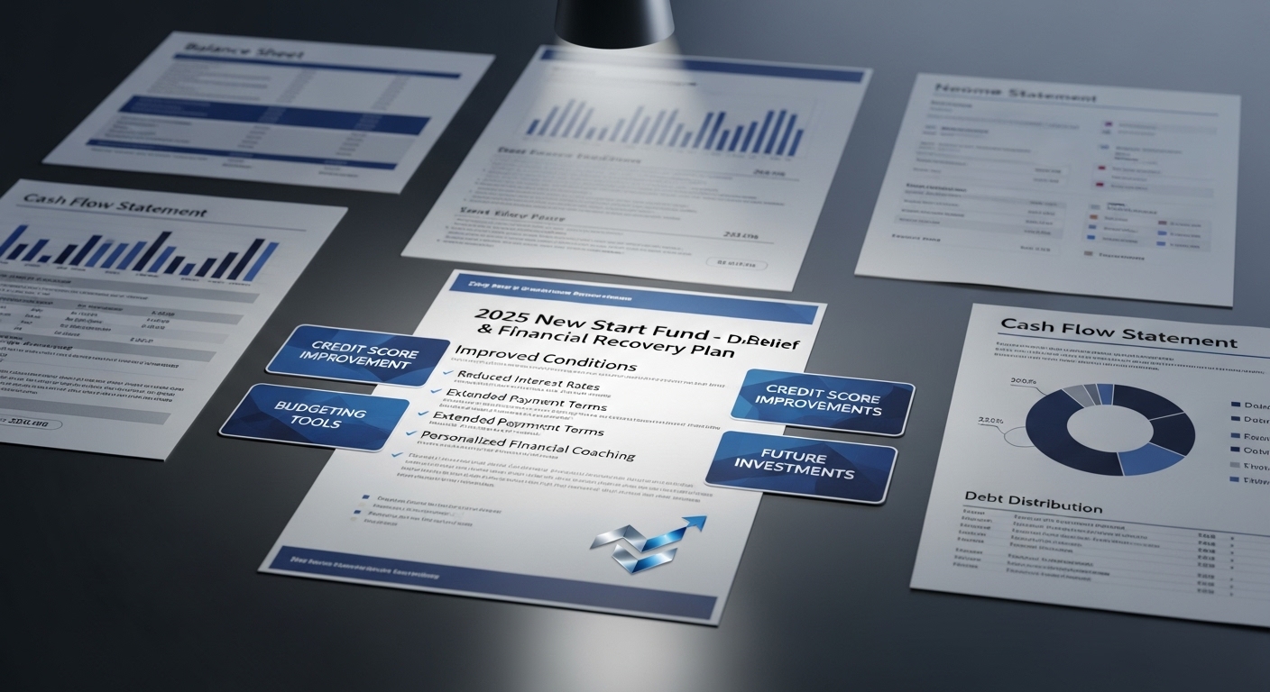 다양한 금융 서류와 차트 위에 '채무 조정' 문구가 강조되어 2025년 새출발기금의 확대된 지원 조건을 상징하는 이미지.