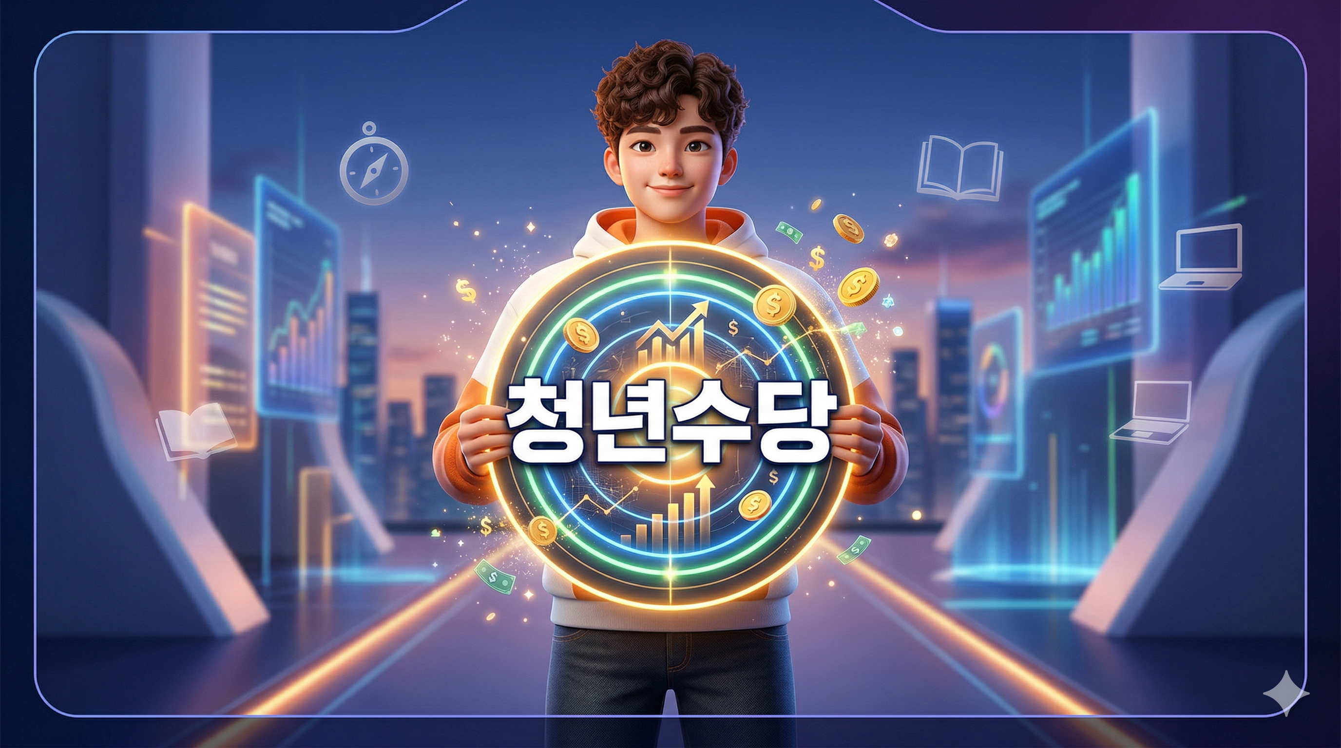 한국어로 과녁판을 든 청년 배경에 청년수당 문구가 중앙에 적힌 16:9 비율의 3D 일러스트