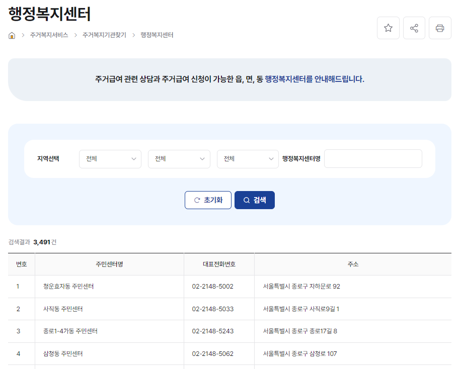 거주지 관할 주민센터 찾기 안내