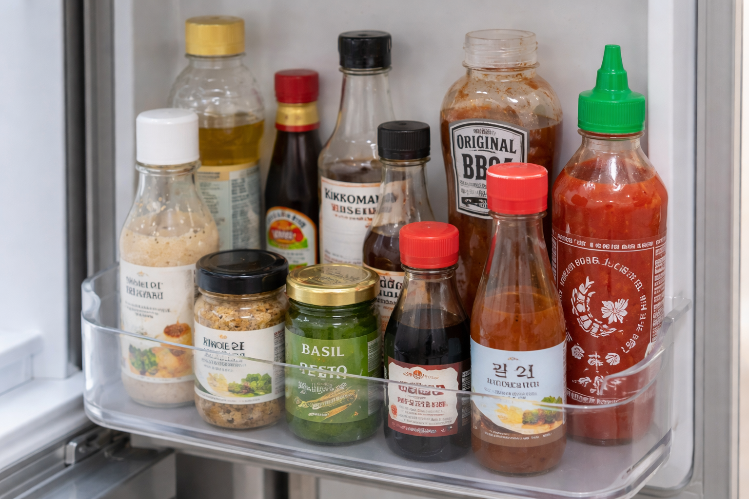 냉장고 안에 여러 종류의 남은 조미료가 보관된 모습