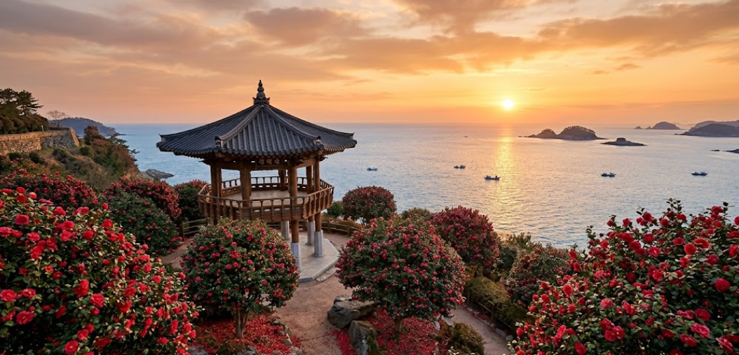 붉은 동백꽃이 핀 동백정에서 바라본 푸른 서해바다와 섬들의 절경