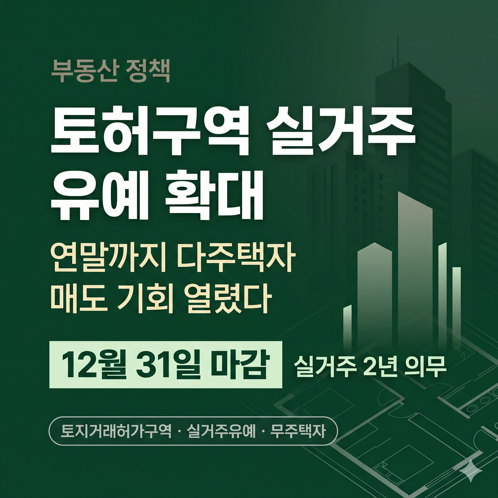 토지거래허가구역 관련 12월 31일 마감 실거주 유예 확대 요약, 무주택자 매수 조건 및 다주택자 매도 분석 정보를 담은 썸네일 이미지