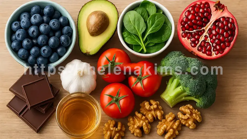 블루베리, 아보카도, 브로콜리, 토마토, 초콜릿, 석류 등 항산화 성분이 많은 음식들