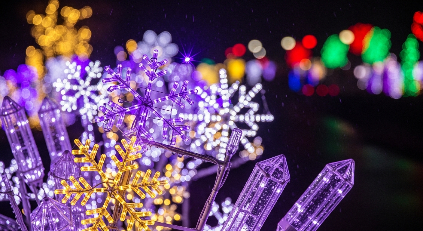 대구 중앙로 빛거리를 장식하는 보라색과 노란색 LED 조형물들의 섬세하고 환상적인 모습.