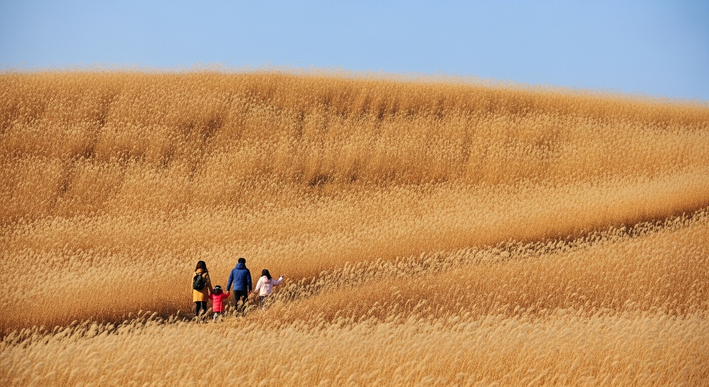 겨울 새별오름의 황금빛 억새밭을 가족이 함께 걸으며 자연을 만끽하는 모습
