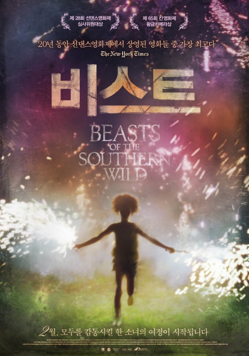 양손에 불꽃을 들고 달리는 어린 소년이 중앙에 역동적으로 표현된 영화 포스터. 
배경은 흐릿한 질감으로 처리되어 몽환적이고 상징적인 분위기를 자아냄. 
포스터 상단과 하단에는 'Beasts of the Southern Wild' 영화 제목과 함께 다수의 영화제 수상 내역과 평론가 리뷰 문구들이 배치되어 있음.