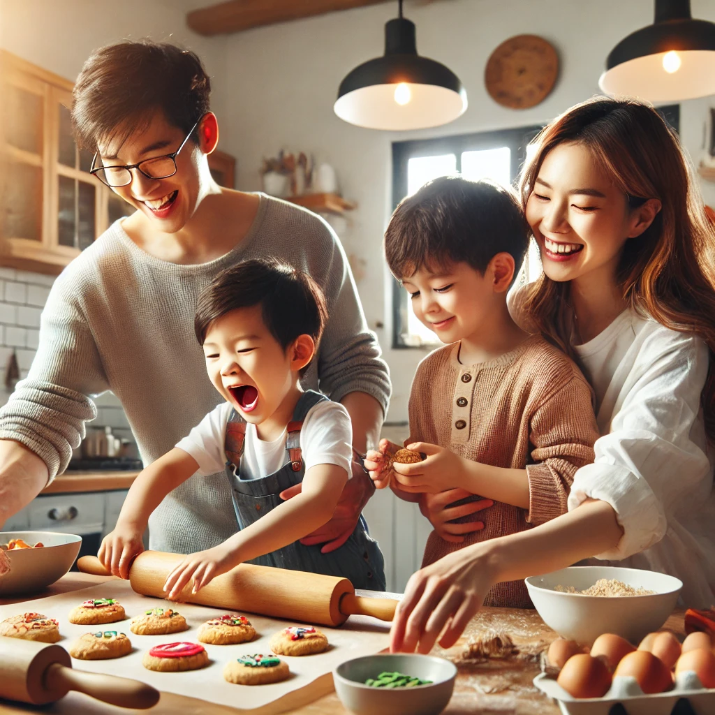 가족이 집안 부엌에서 함께 쿠키를 굽는 모습. 부모가 아이들을 도우며 반죽을 섞고 쿠키를 장식하는 모습을 따뜻하고 즐거운 분위기 속에서 표현.