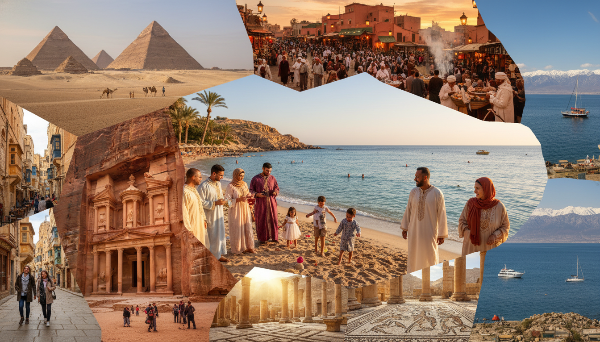 온화한 겨울 햇살 아래 중동과 지중해의 문화유산과 풍경을 즐기는 여행자들의 모습. 이집트 피라미드, 모로코 시장, 페트라 유적, 키프로스 모자이크, 말타 발레타 거리, 터키 안탈리아 해변이 조화롭게 어우러진 장면.