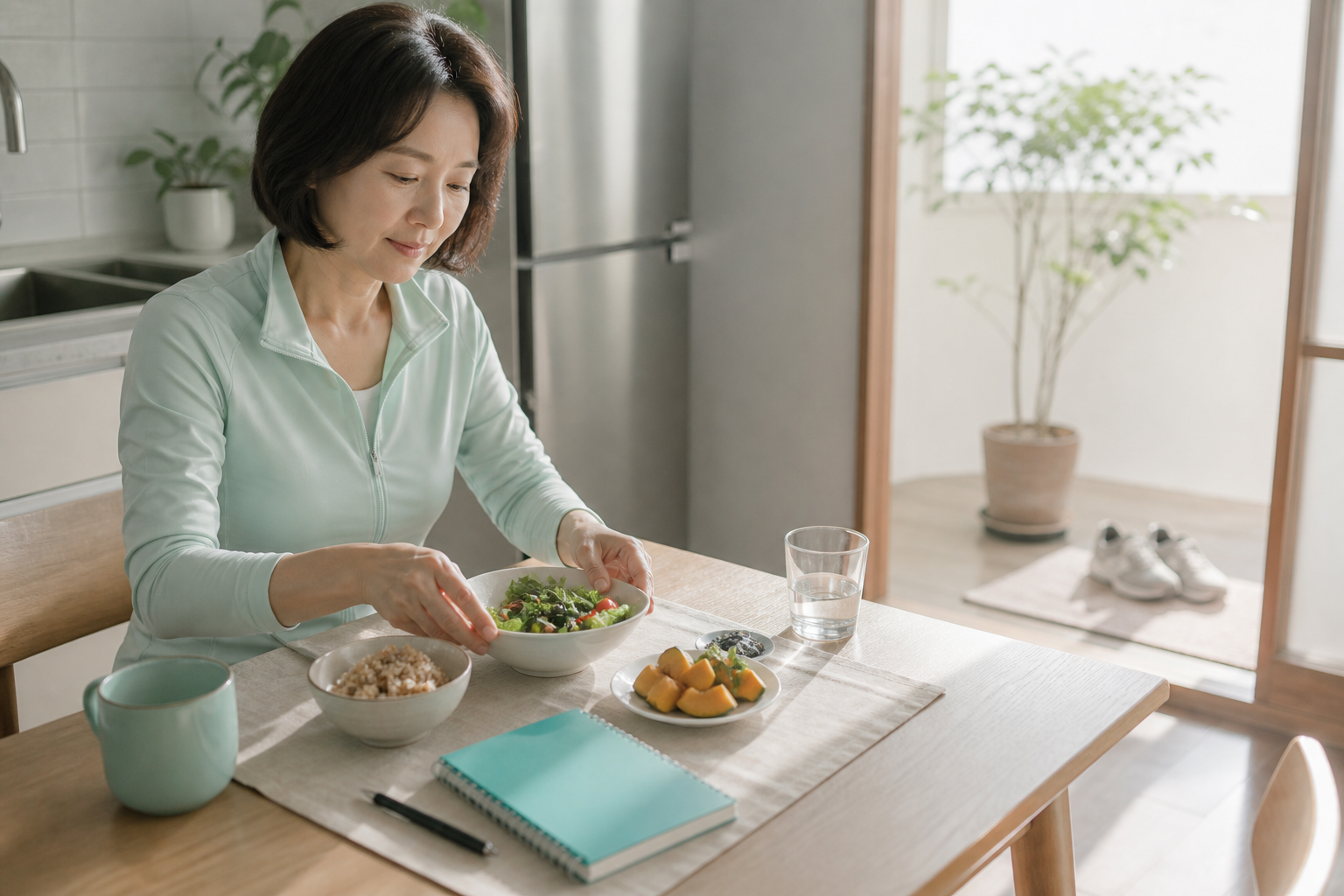 아침 식탁에서 물과 단백질 식품을 준비하고 걷기 운동을 준비하는 장면