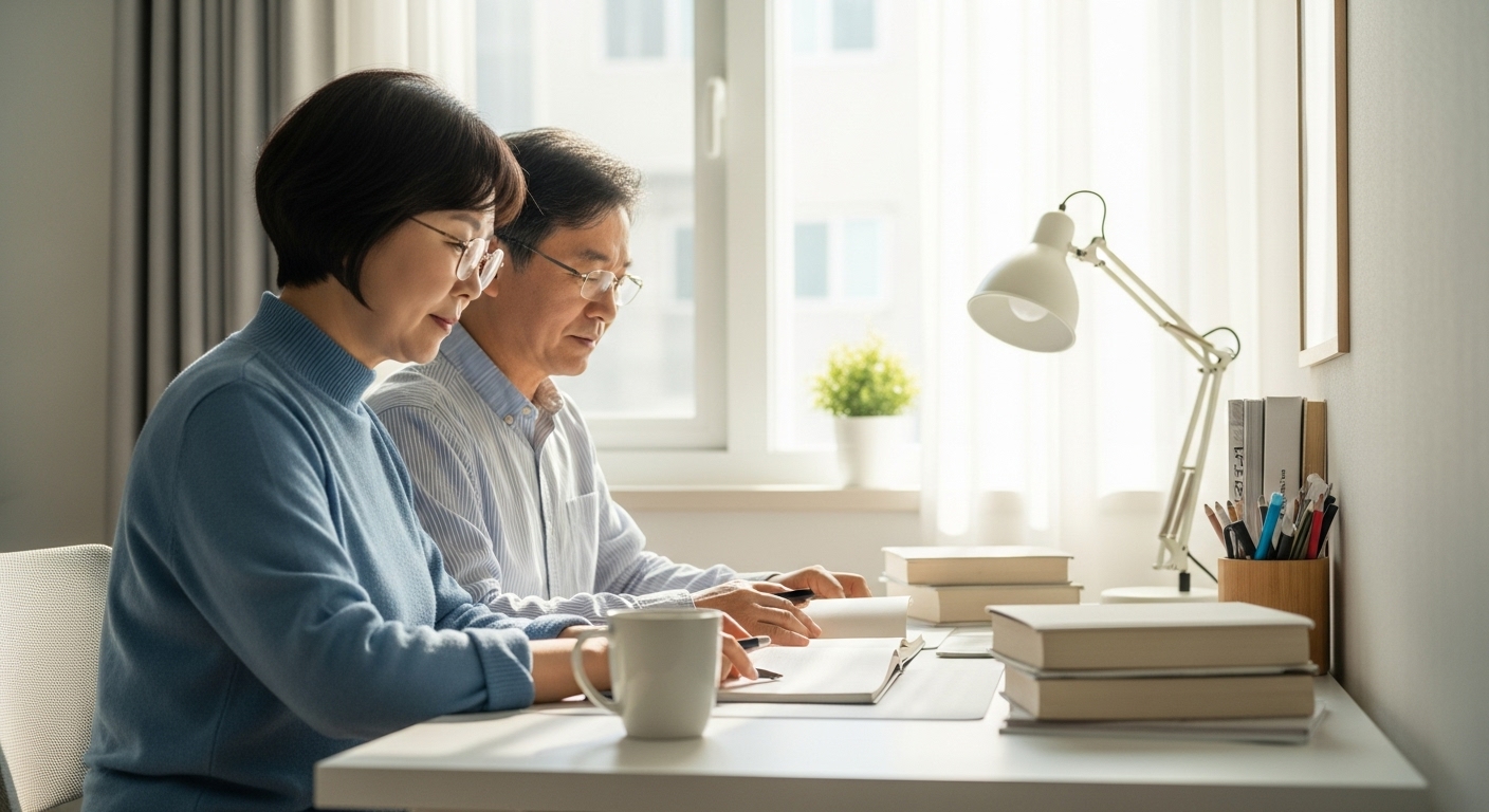 집에서 블로그를 준비하는 중년 커플