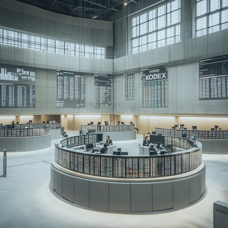 금융 전문가들이 KODEX ETF의 미래 수익성을 집중적으로 분석하며, 데이터 기반의 혁신적 접근을 통해 투자 방향을 예측하는 모습입니다.