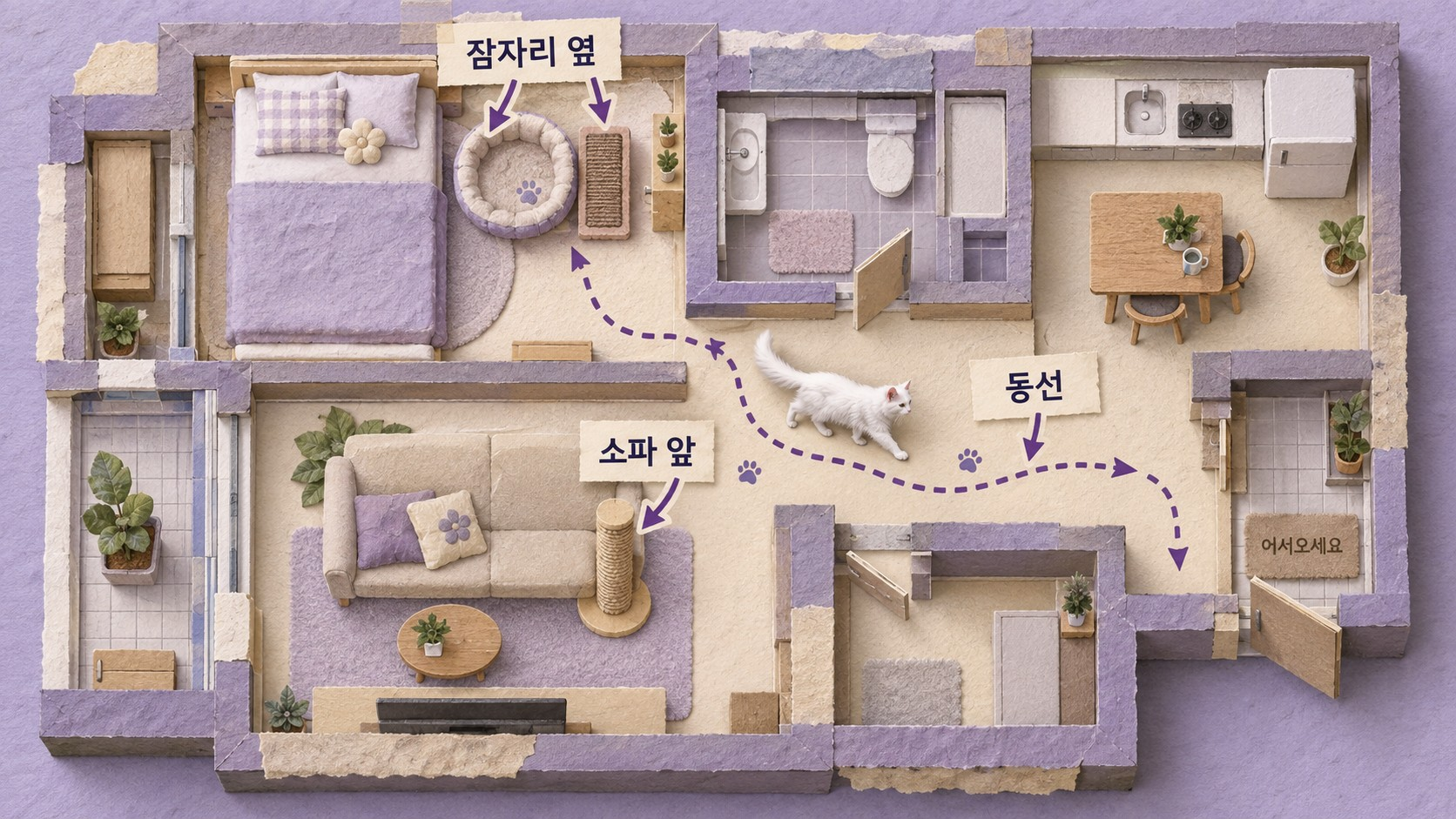 잠자리 옆과 소파 앞 스크래처 배치