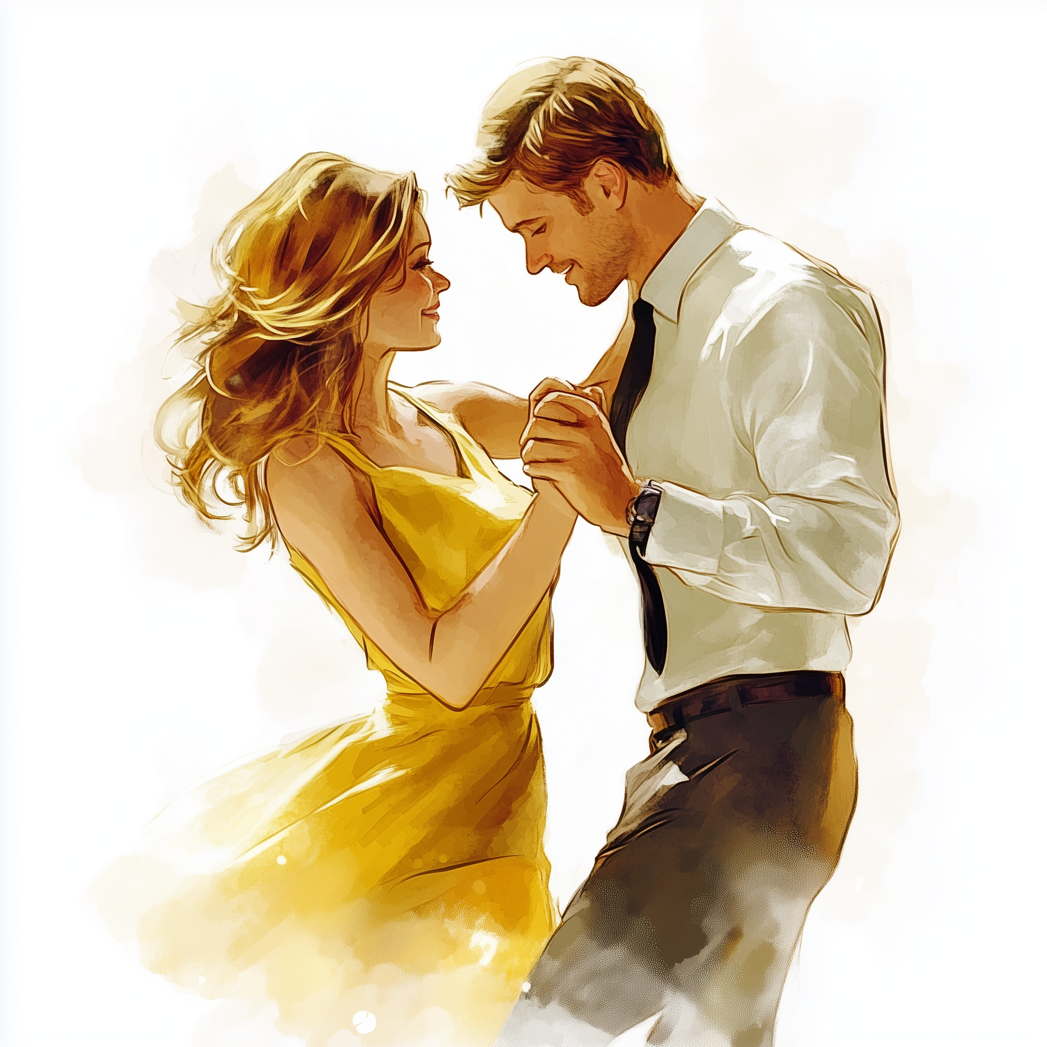 젊은 커플이 춤추고 있는 낭만적인 일러스트. 여성은 노란 드레스를, 남성은 셔츠와 넥타이를 착용했으며, 라라랜드 감성과 분위기를 따뜻하게 표현한 장면