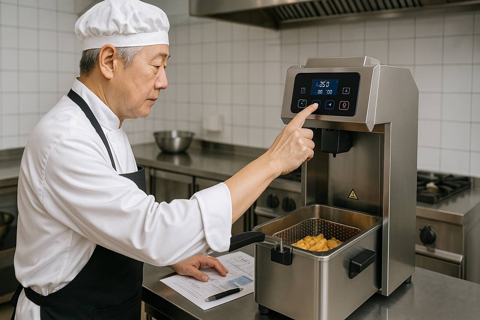 60대 셰프가 AI 튀김기를 활용해 자동 조리 중인 스마트키친 장면