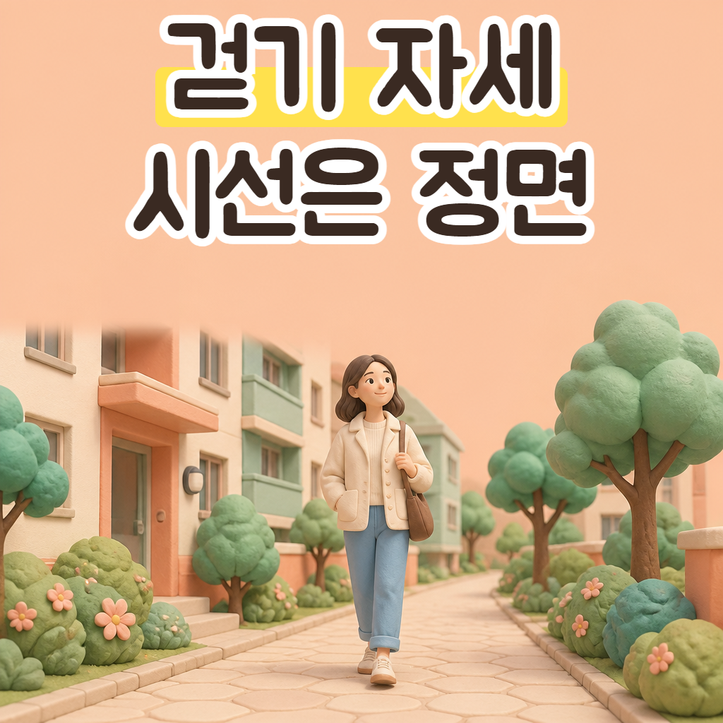 아파트 단지 산책길에서 고개를 들고 바르게 걷는 여성