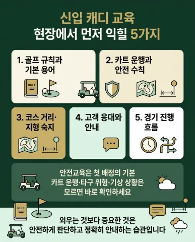 신입 골프장 캐디 교육의 핵심 항목을 정리한 인포그래픽