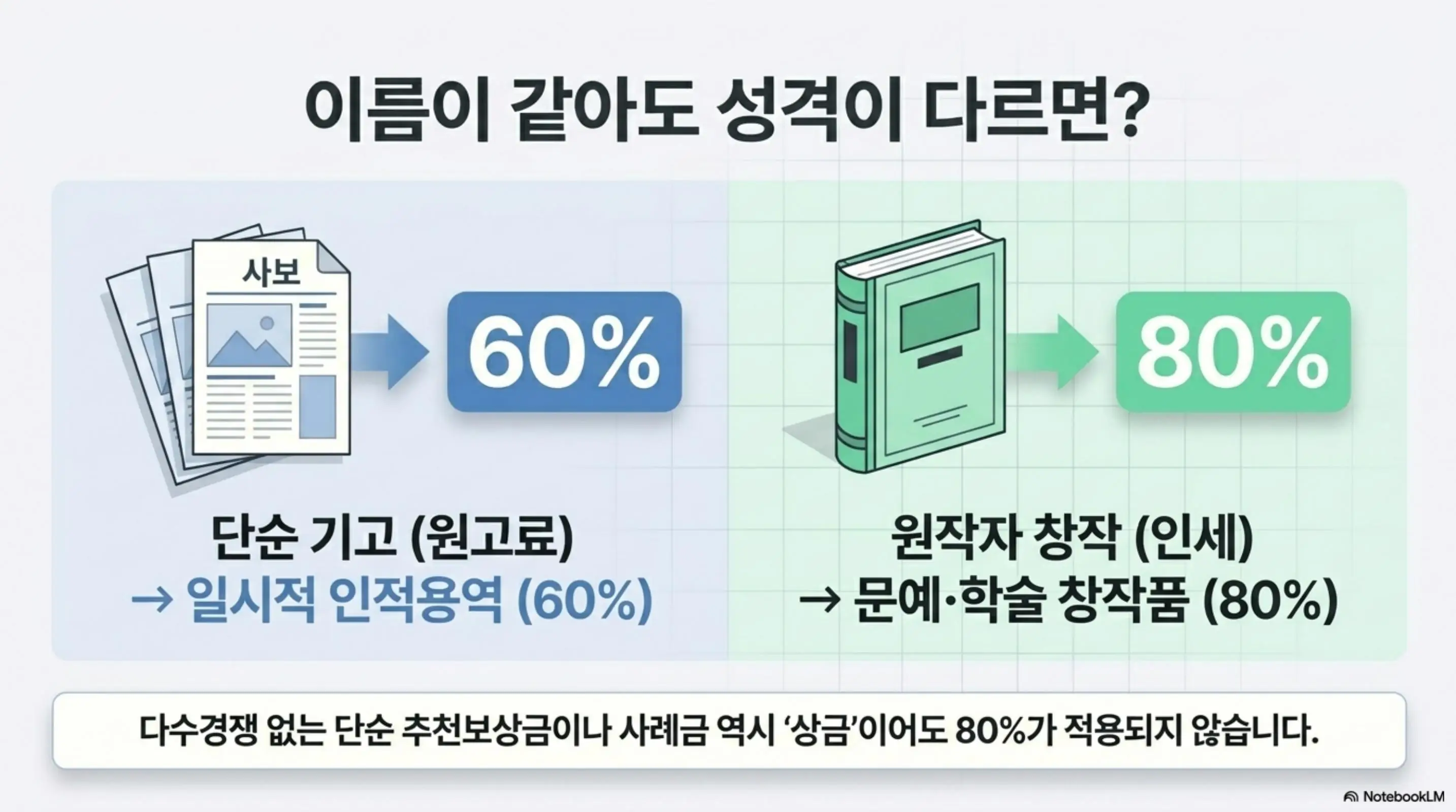 기타소득 필요경비율: 이름이 같아도 성격이 다르면이라는 문구와 함께 사보에 단순 기고한 원고료는 일시적 인적용역으로 60%가 적용되고 원작자로서 문예 학술 창작품에 대한 인세는 80%가 적용된다는 차이를 신문과 책 일러스트로 비교하는 인포그래픽 이미지. 이 이미지는 같은 원고료라도 소득 성격에 따라 기타소득 필요경비율이 달라진다는 핵심 정보를 시각적으로 전달하며 블로그의 기타소득 항목별 경비율 차이와 관련된 내용을 설명함