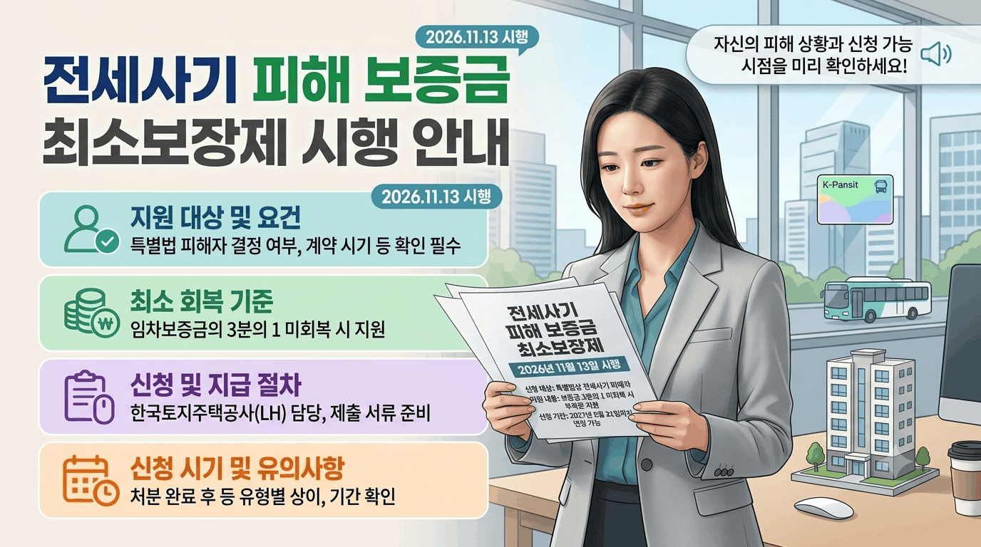 2026년 11월 13일 시행되는 전세사기 피해 보증금 최소보장제 안내 및 신청 방법 요약 이미지