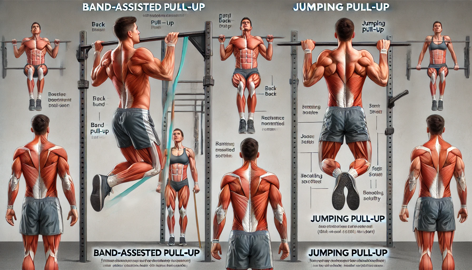 초보자용 턱걸이 보조 운동을 설명하는 피트니스 가이드, 밴드 어시스트 풀업과 점핑 풀업의 올바른 자세와 근육 자극 부위 강조