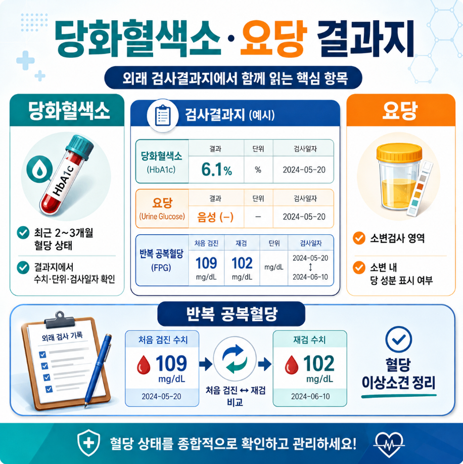 당화혈색소, 요당, 반복 공복혈당 결과지에서 수치, 단위, 검사일자를 함께 확인하는 인포그래픽
