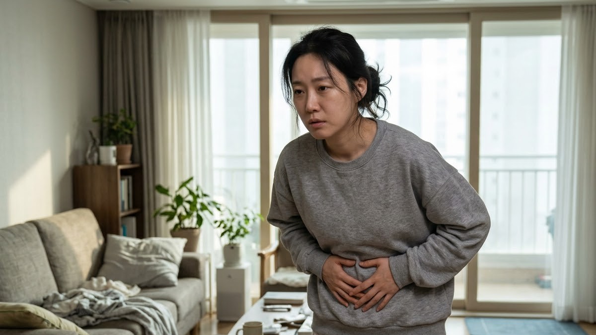 아랫배를 감싸고 더부룩해하는 여성