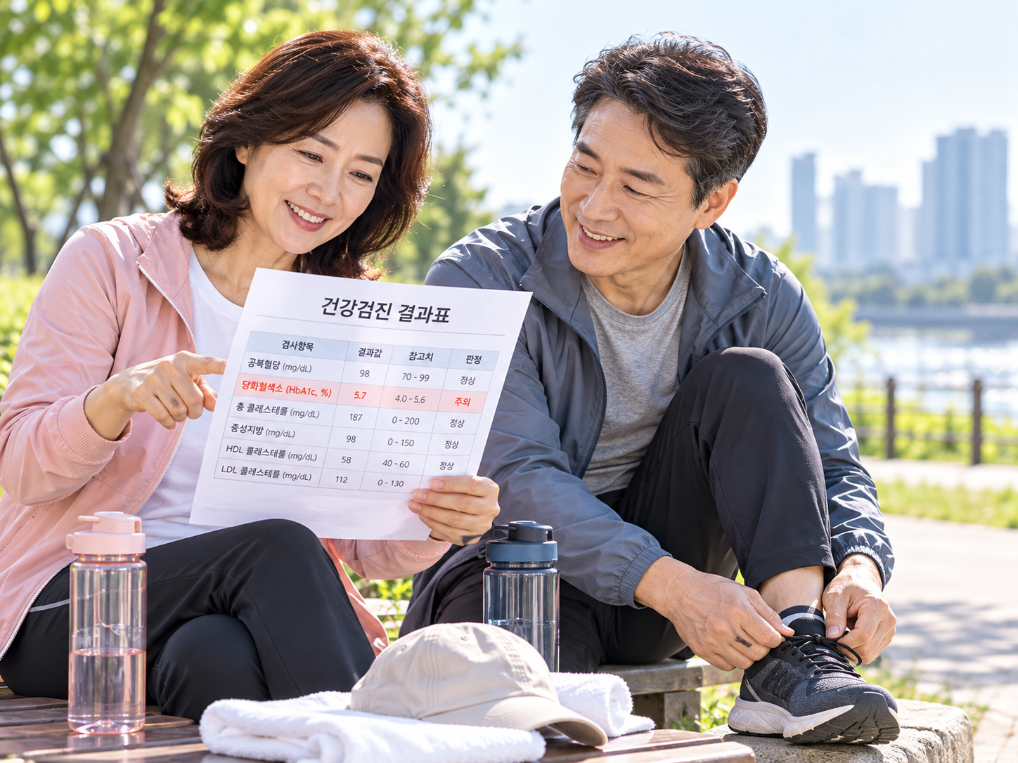 건강검진 결과를 확인하고 걷기 운동을 준비하는 중년 부부