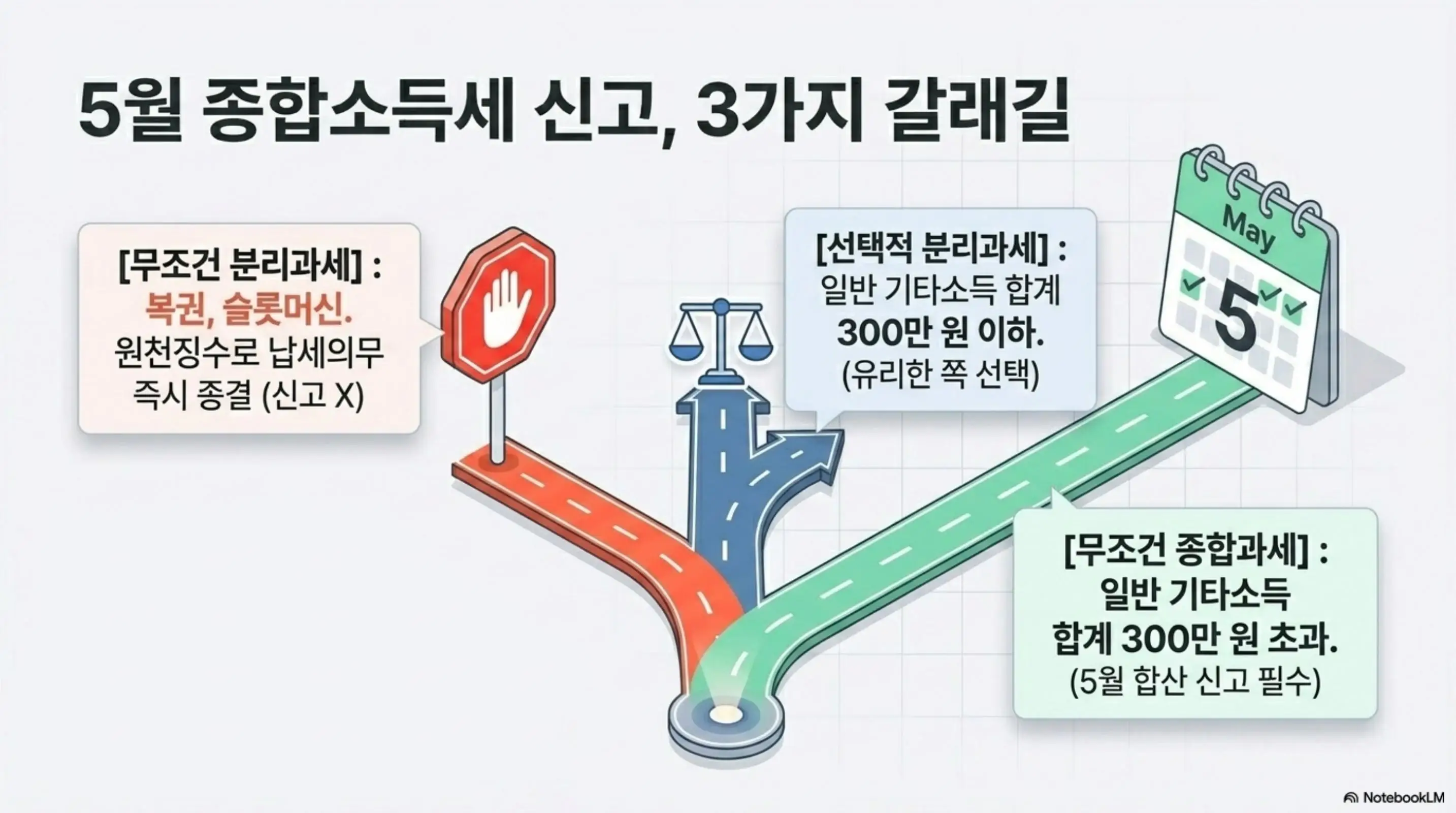 기타소득 분리과세: 5월 종합소득세 신고 3가지 갈래길이라는 문구와 함께 무조건 분리과세는 복권 슬롯머신으로 원천징수 즉시 종결 선택적 분리과세는 일반 기타소득 합계 300만 원 이하로 유리한 쪽 선택 무조건 종합과세는 일반 기타소득 합계 300만 원 초과로 5월 합산 신고 필수라는 세 갈래 도로 형태의 인포그래픽 이미지. 이 이미지는 기타소득 항목별 과세 방식 구분을 시각적으로 전달하며 블로그의 무조건 분리과세와 선택적 분리과세 비교와 관련된 내용을 설명함