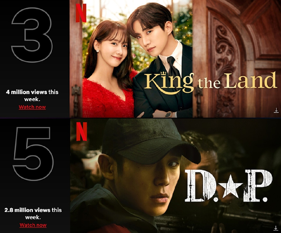 &#39;킹더랜드&#39;가 글로벌 3위&#44; &#39;디피2&#39;가 글로벌 5위를 차지했다. [사진=넷플릭스]